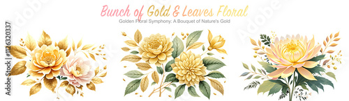 Golden flowers and leaves bunch gold blossom digital art png cutout transparent