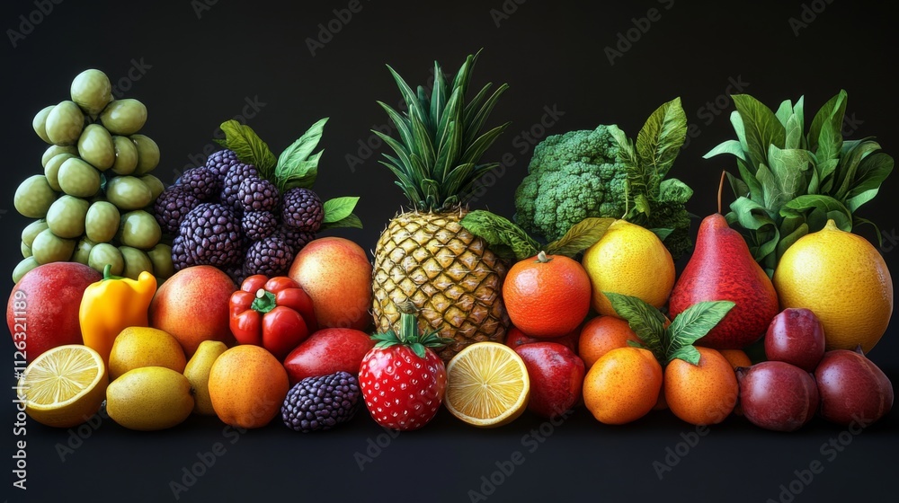 Vibrant still life of fresh fruit and vegetables healthy eating abundance wholesome delicious Vibrant still life of fresh fruit and vegetables healthy eating abundance wholesome delicious