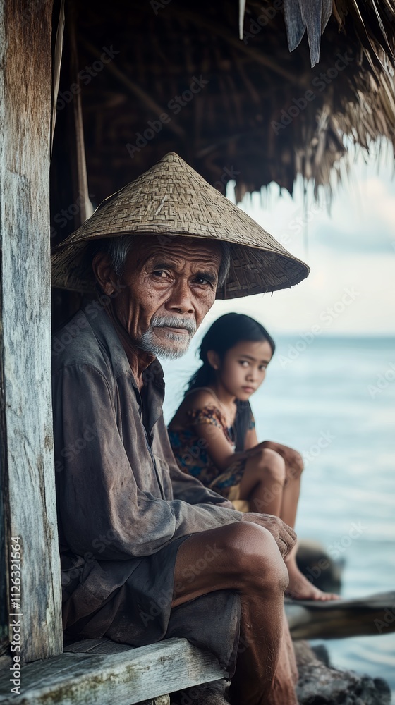 Fototapeta premium An elderly man in a straw hat sits peacefully by a rustic seaside hut, a young girl in the background.
