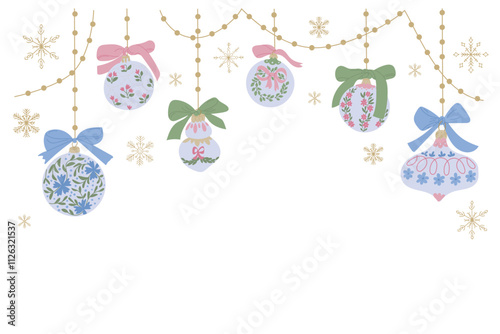 Vintage inspired Christmas ornaments with bows and delicate snowflakes isolated on white background. Perfect for banner, poster and greeting cards. Vector hand drawn illustrations in flat style