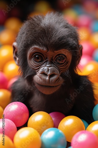 A curious baby gorilla explores a vibrant ball pit, showcasing innocence and playfulness in a colorful setting. photo