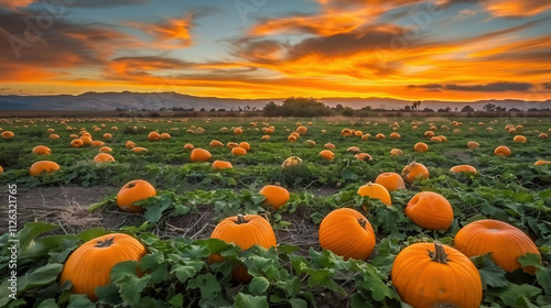 Orange ripened pumpkins on field with sunset color sky photo