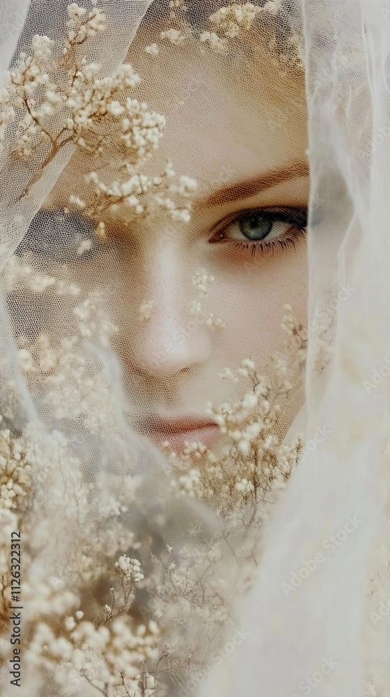 A captivating portrait of a woman with piercing eyes, partially obscured by a lace veil and delicate flowers. A captivating portrait of a woman with piercing eyes, partially obscured by a lace veil and delicate flowers.