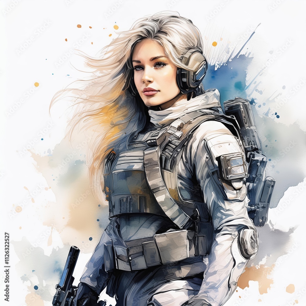 A modern Soldier Woman equipped with advanced equipment and armor, water color illustration A modern Soldier Woman equipped with advanced equipment and armor, water color illustration