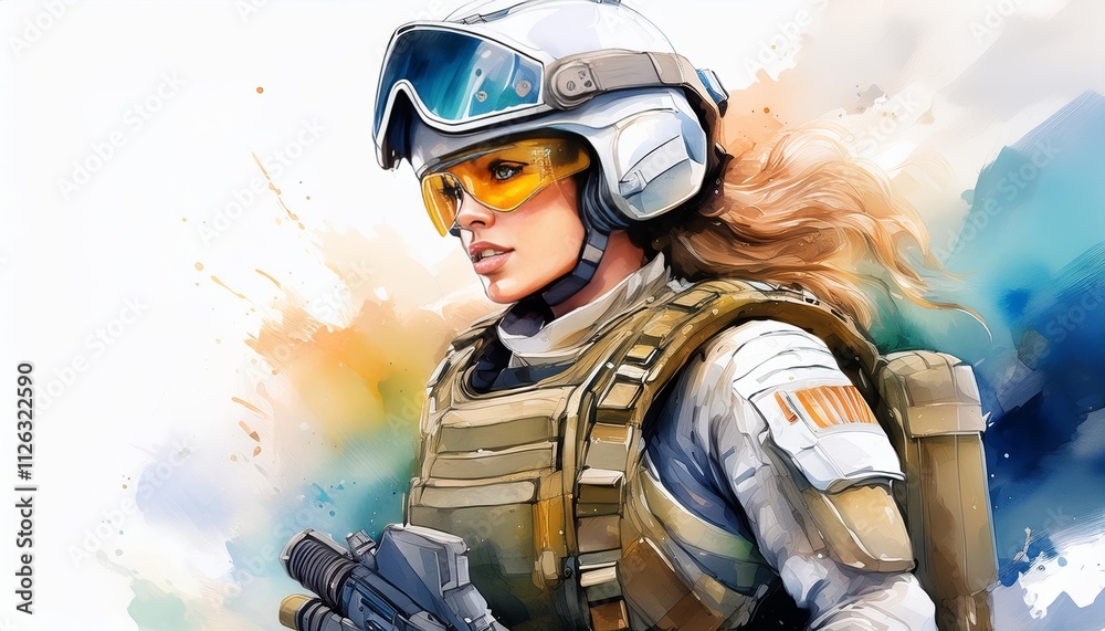 Woman in a military uniform is holding a gun. She is wearing a helmet and goggles. The background is a splash of color Woman in a military uniform is holding a gun. She is wearing a helmet and goggles. The background is a splash of color