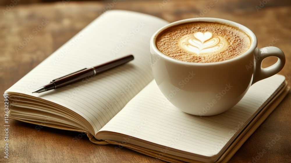 Latte art coffee cup on notebook with pen. Latte art coffee cup on notebook with pen.
