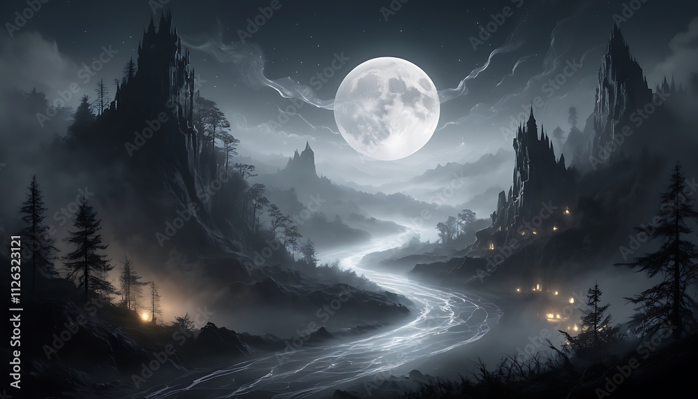 a night scene with a river and a full moon. a night scene with a river and a full moon.
