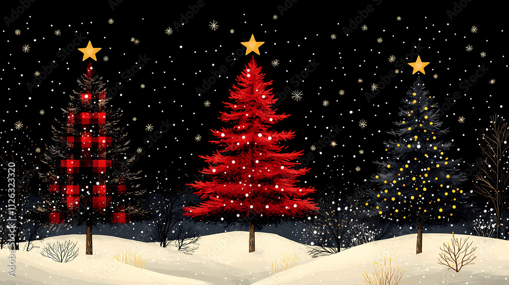 Obraz premium An image of plaid Christmas trees with a black and white polka dot background and bright reds and yellow stars at the top of the tree.