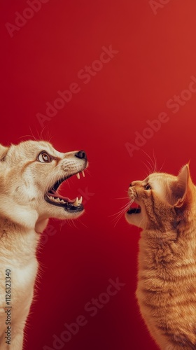 A cat and dog face each other with open mouths, set against a bold red backdrop, depicting confrontation.