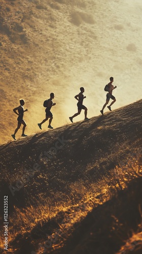 Four people run uphill on a scenic trail during sunrise, silhouetted against a warm, glowing sky, emphasizing fitness and teamwork.