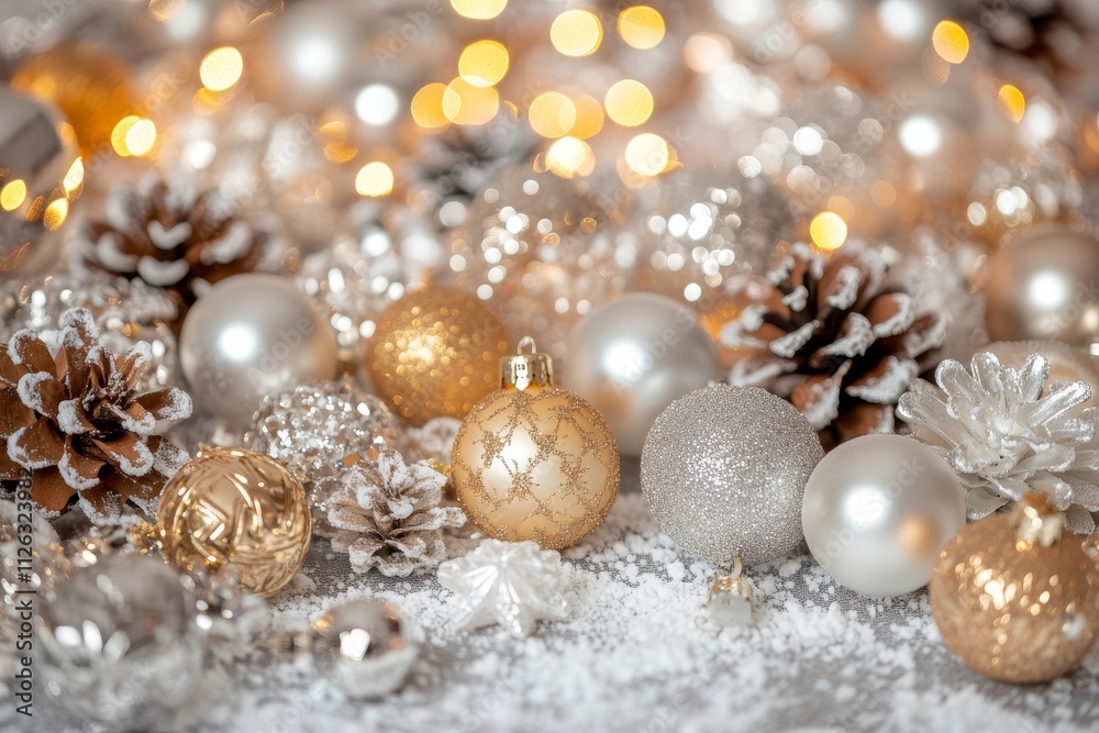 Festive golden and silver ornaments with pinecones and snow, creating a warm, shimmering Christmas holiday atmosphere. Festive golden and silver ornaments with pinecones and snow, creating a warm, shimmering Christmas holiday atmosphere.