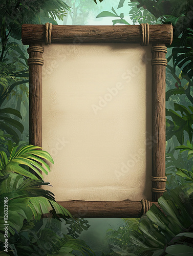 Wooden Scroll Frame Surrounded by Tropical Jungle Foliage photo