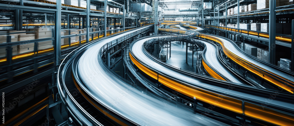 dynamic view of modern warehouse with curved conveyor belts, showcasing efficient logistics and automation in action dynamic view of modern warehouse with curved conveyor belts, showcasing efficient logistics and automation in action