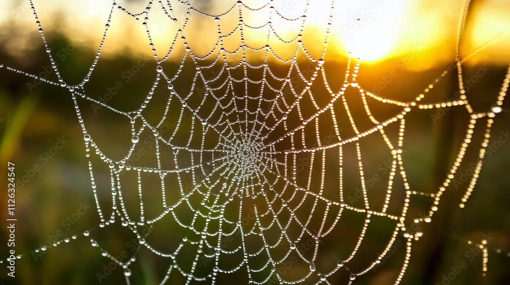Fototapeta premium Close-up of dew drops on a spider web at sunrise, realistic, very detailed