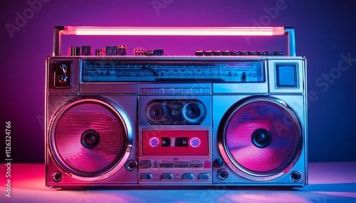 Generated image Vintage boombox with cassette tape bathed in vibrant neon pink and blue light
