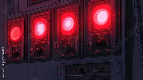 Closeup shot of an control panel with bright red lights and audible alarms signaling an urgent system alert that requires immediate action. photo