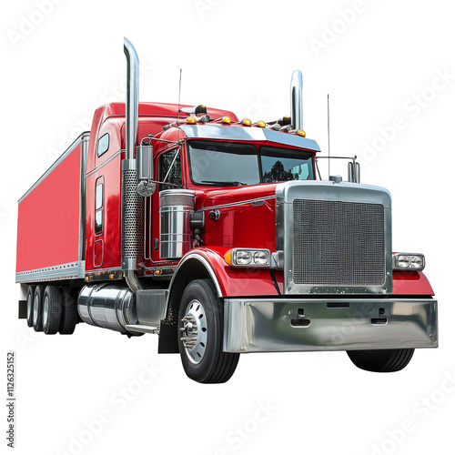 Red semi-truck with large trailer isolated on white background. Concept of logistics and commercial freight transportation