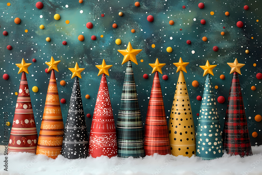 An image of plaid Christmas trees with a black and white polka dot background and bright reds and yellow stars at the top of the tree. An image of plaid Christmas trees with a black and white polka dot background and bright reds and yellow stars at the top of the tree.