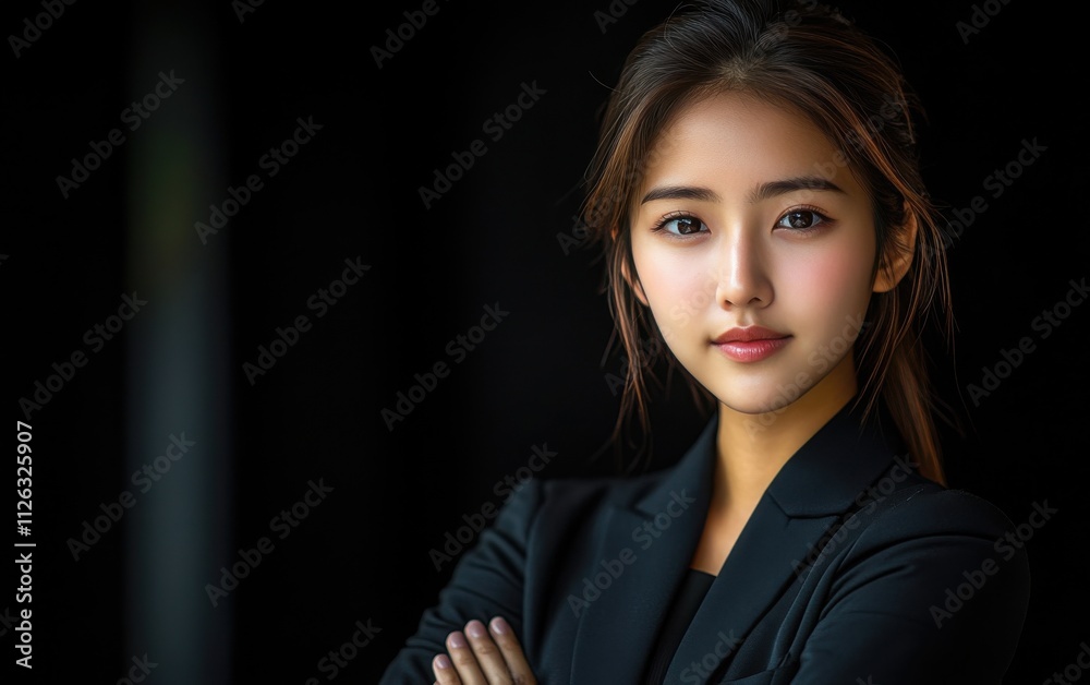 A woman in a suit is smiling for the camera A woman in a suit is smiling for the camera
