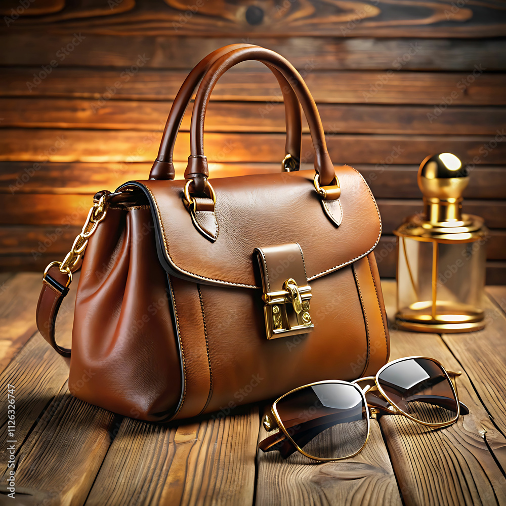 High-End Leather Handbag with Gold Accents on Wooden Table High-End Leather Handbag with Gold Accents on Wooden Table