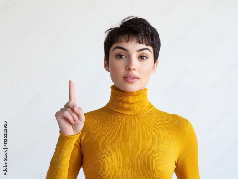 young woman in a yellow turtleneck making a gesture with her finger young woman in a yellow turtleneck making a gesture with her finger