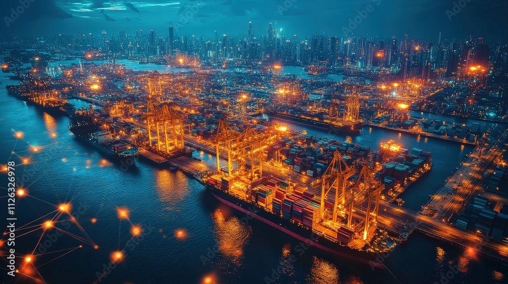 Obraz premium A vibrant aerial view of a sprawling cityscape illuminated by golden lights, showcasing industrial structures along a shimmering waterway.