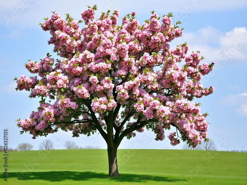 A majestic apple tree standing tall in a serene spring landscape with vibrant pink and white blossom covering its branches, outdoor scene, blooming flowers