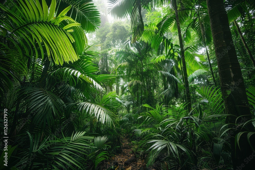 Majestic rainforest alive with lush greenery and beams of sunlight filtering through the dense canopy during a serene morning Majestic rainforest alive with lush greenery and beams of sunlight filtering through the dense canopy during a serene morning