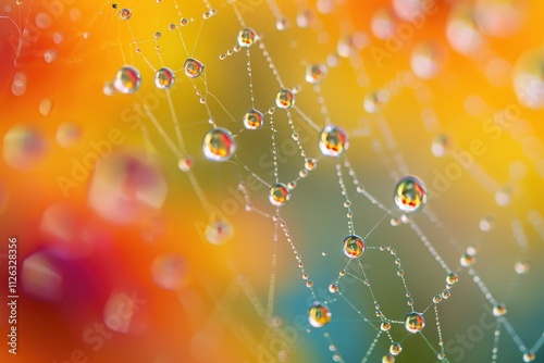 Delicate spider web glistening with dew droplets in early morning light, showcasing nature's intricate design and beauty photo