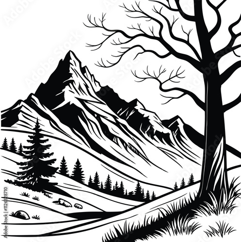 Mountain with tree Vector line arts wallpaper 