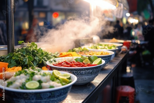 Street Food Delights: A vibrant street food stall in Asia, with bowls brimming with fresh ingredients and steaming broth, ready to tantalize taste buds.   photo