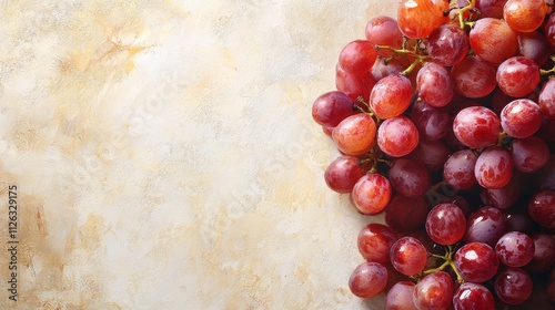 A cluster of vibrant red grapes rests against a textured, rustic background, creating a fresh and natural visual appeal. photo