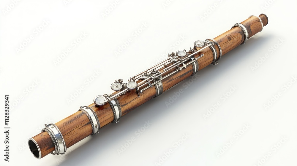 Naklejka premium A wooden flute with metal keys, designed for musical performance and artistry.