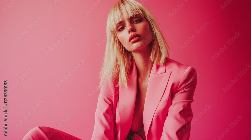Blonde woman posing confidently in a vibrant pink suit against matching background, showcasing modern fashion and bold style. Blonde woman posing confidently in a vibrant pink suit against matching background, showcasing modern fashion and bold style.
