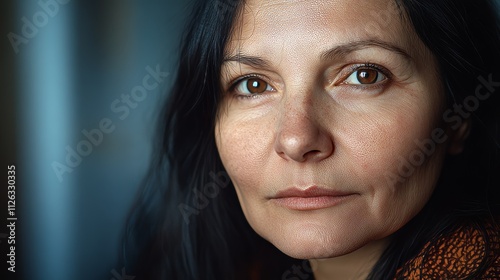 Close-up portrait of a mature woman with penetrating eyes, conveying thoughtful introspection and deep emotion.