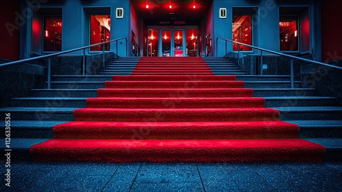 Vibrant red carpeted steps leading to a stylish entrance at night illuminated by warm lights