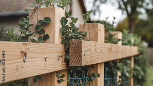 Fencing maintenance sustainable concept. Wooden fence adorned with greenery in a serene outdoor setting. photo