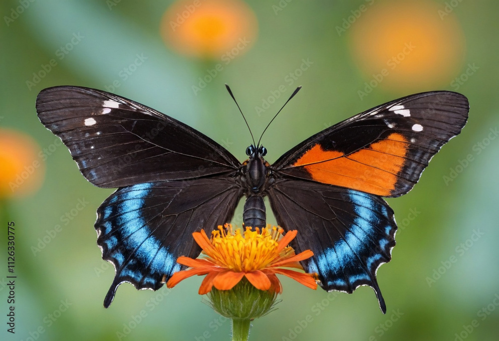 Fototapeta premium monarch butterfly, vibrant orange wings, black veins, white spots, yellow flowers, green leaves, soft focus background, macro photography, detailed wings, nature close-up, delicate insect, pollinator,