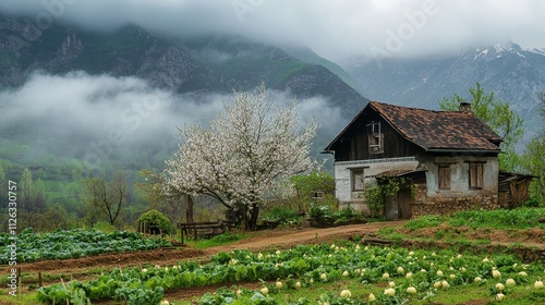 Charming old farmhouse amidst lush garden, nestled in misty mountains. Perfect representation of rural serenity and nature's beauty.