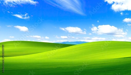 windows xp background with a modernized version of the iconic rolling hills and bright blue skies in vector art