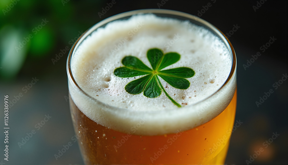 Traditional Irish Ale with Fresh Shamrock Garnish in Classic Pub Glass Against Blurred Green Background Traditional Irish Ale with Fresh Shamrock Garnish in Classic Pub Glass Against Blurred Green Background