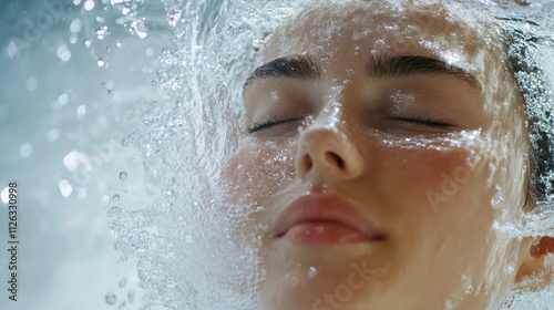 Woman's face submerged in splashing water, eyes closed, peaceful expression.