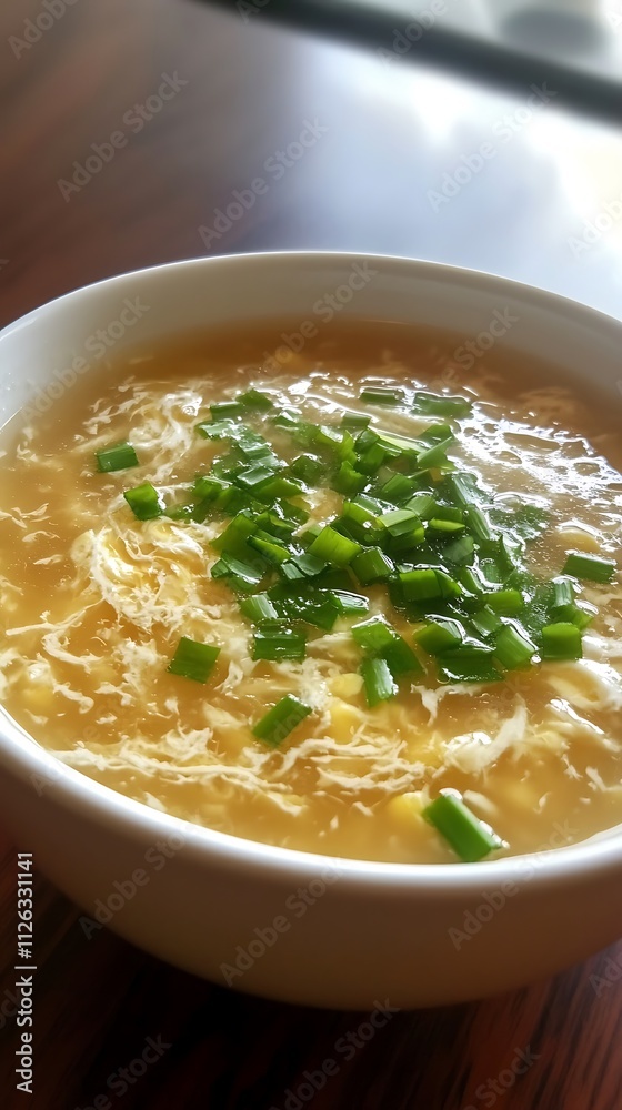 Egg soup with green onions in a white bowl on a wooden table Egg soup with green onions in a white bowl on a wooden table