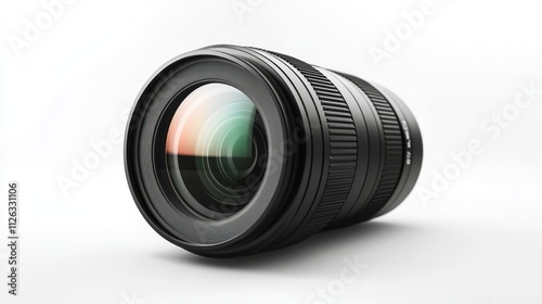 A close-up of a camera lens showcasing its design and optical elements.