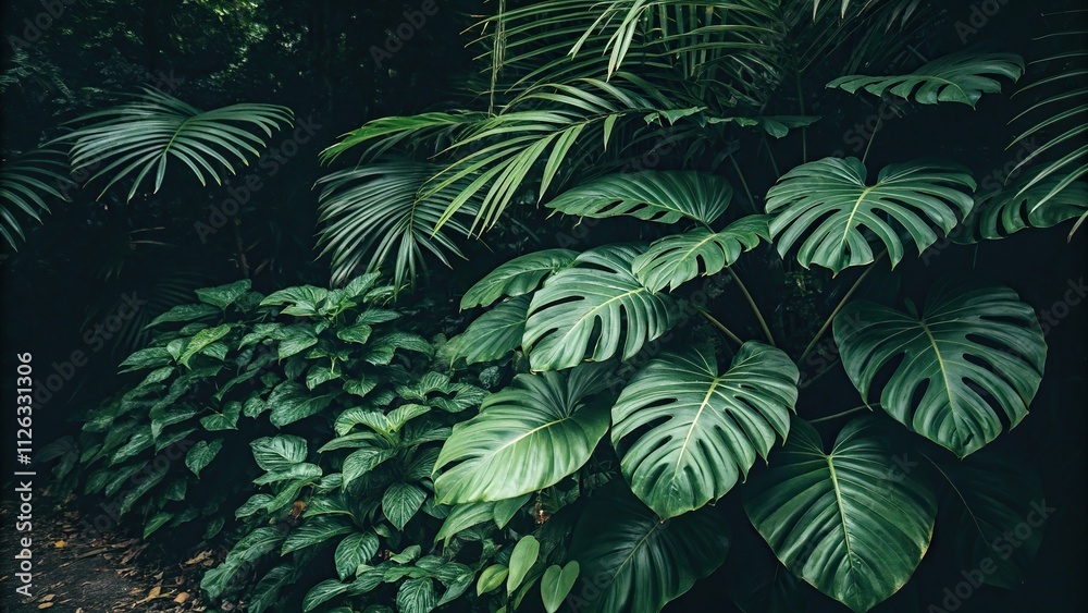 Cluster of dense tropical green leaves in a garden setting against a dark tone background, macro photography, verdant landscape, nature in focus, greenery Cluster of dense tropical green leaves in a garden setting against a dark tone background, macro photography, verdant landscape, nature in focus, greenery