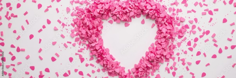 Pink confetti splash forming a heart shape with a white heart-shaped hole, decoration, hole Pink confetti splash forming a heart shape with a white heart-shaped hole, decoration, hole