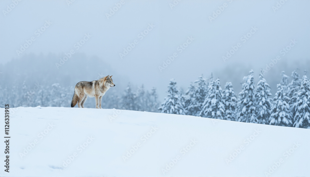 Wolf standing in a snowy landscape with fog and pine trees in a winter setting Wolf standing in a snowy landscape with fog and pine trees in a winter setting