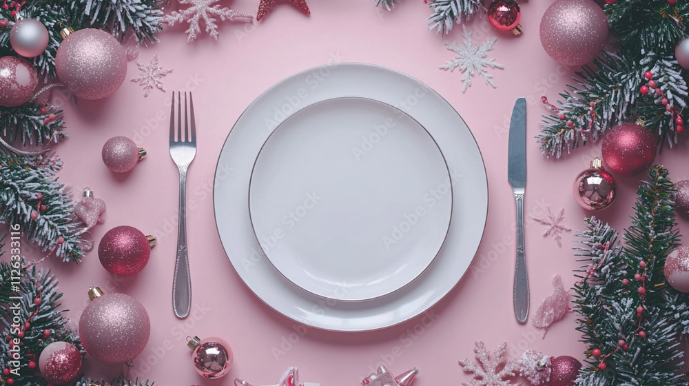Elegant Christmas dinner table setting with festive pink ornaments and holiday decorations Elegant Christmas dinner table setting with festive pink ornaments and holiday decorations