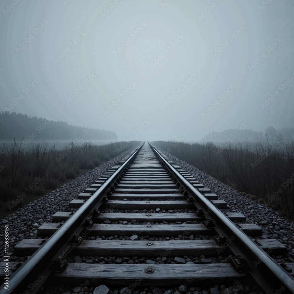 Fototapeta premium Empty railway track stretching under gray sky, soft diffused light
