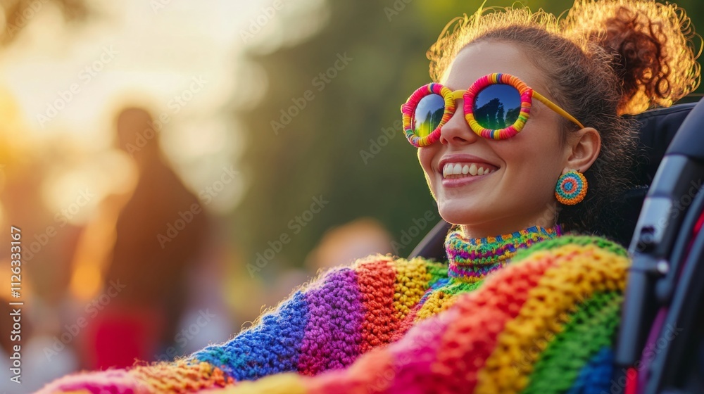 Obraz premium Cheerful young woman in colorful sunglasses and sweater sitting in stroller outdoors, smiling with blurred background